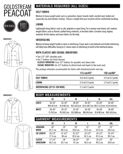 Goldstream Peacoat Pattern - Men's sizes XS-XXL