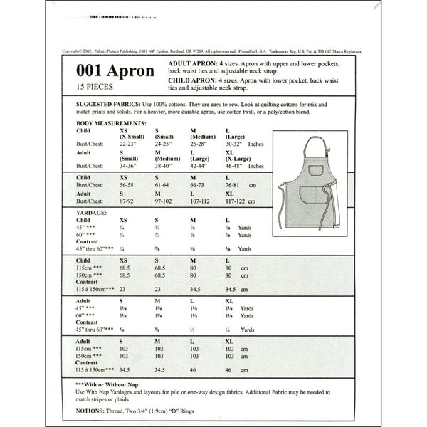 Apron for Artists & Chefs Pattern - Age 3 - Adult