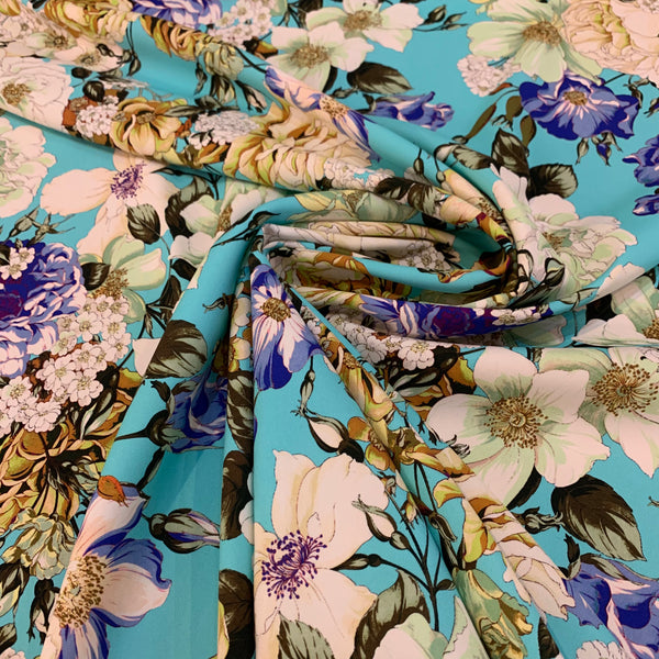 Emanuel Ungaro Floral Silk Lycra Fabric - Aqua