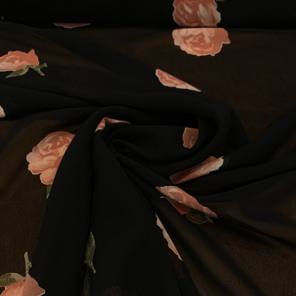 Rose Print Rayon Chiffon Fabric - Black