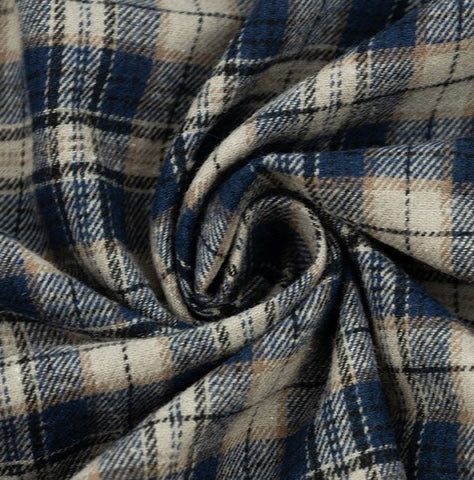 Cotton Flannel Plaid Tartan Fabric - Blue Tan Cream
