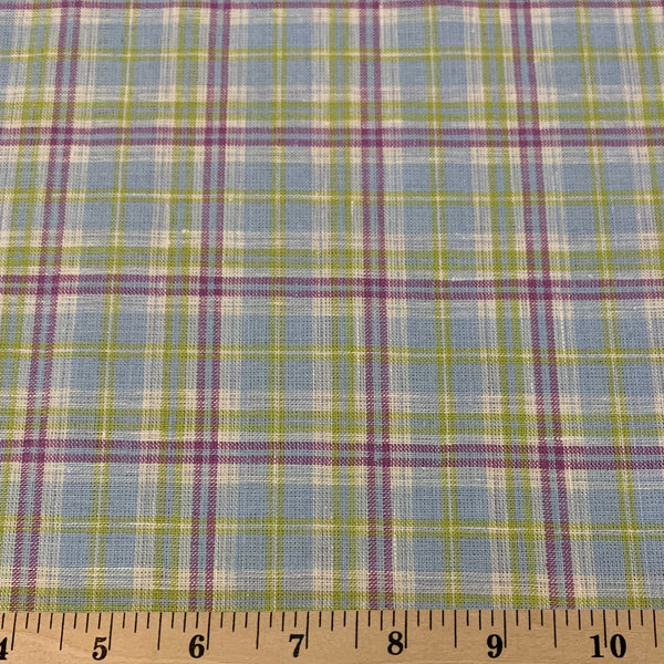 Plaid Midweight Linen Fabric - Lilac Blue Green and Yellow
