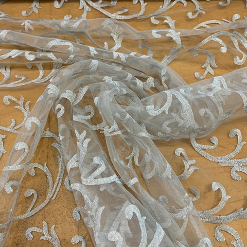 Silver Vine Embroidered Organza Fabric - White