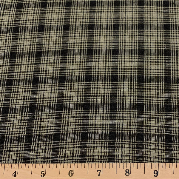 Plaid Midweight Linen Fabric - Black and Light Sage
