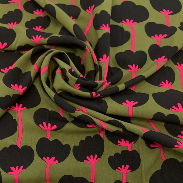 Nerida Hansen Poppies Rayon Challis Fabric - Olive