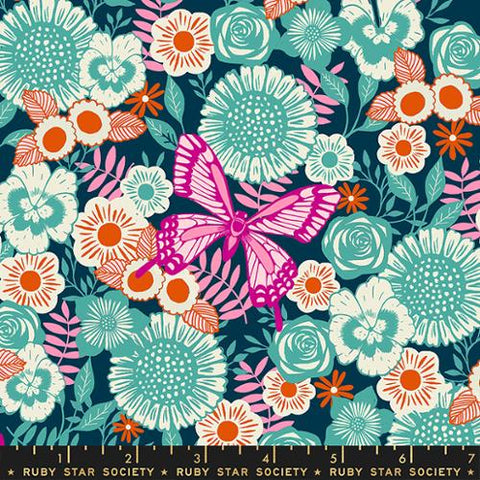 Backyard Butterfly Garden Cotton Fabric - Teal RS2085 15