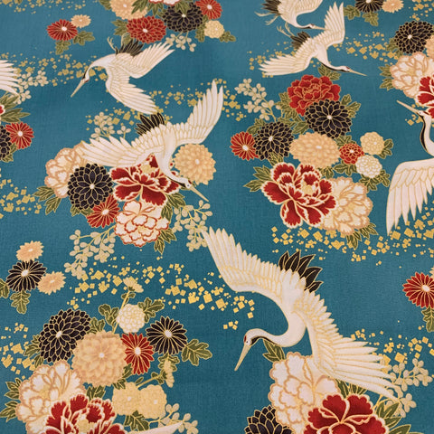 Auspicious Pattern Cotton Sheeting Fabric - Turquoise