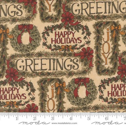 A Vintage Christmas Greetings Cotton Fabric - Tan 9780 11
