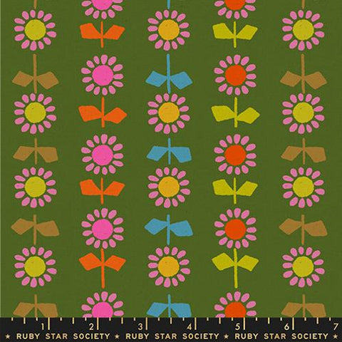 Catnap Daisy Stripe Linen Cotton Canvas Fabric - Green RS4136 13L