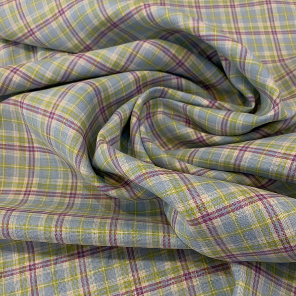 Plaid Midweight Linen Fabric - Lilac Blue Green and Yellow