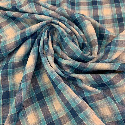 Lightweight Plaid Cotton Fabric - Aqua and Blue