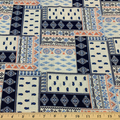 Patchwork Look Rayon Crepon Fabric - Blues and Peaches