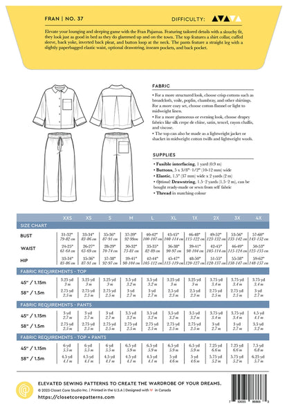 Fran Pajamas Pattern - sizes XXS - 4X