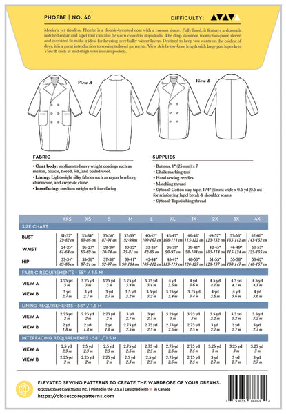 Phoebe Coat Pattern - sizes XXS - 4X