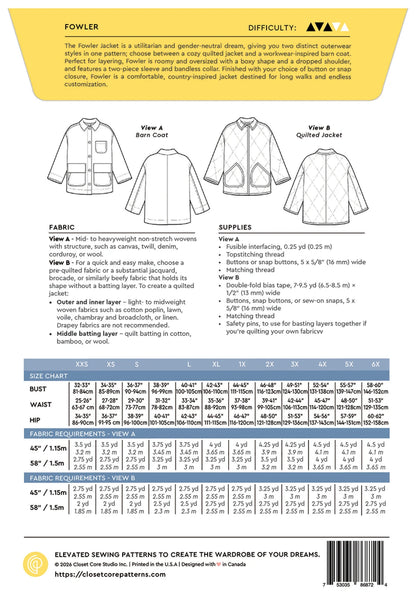 Fowler Barn Coat & Quilted Jacket Pattern - sizes XXS - 6X