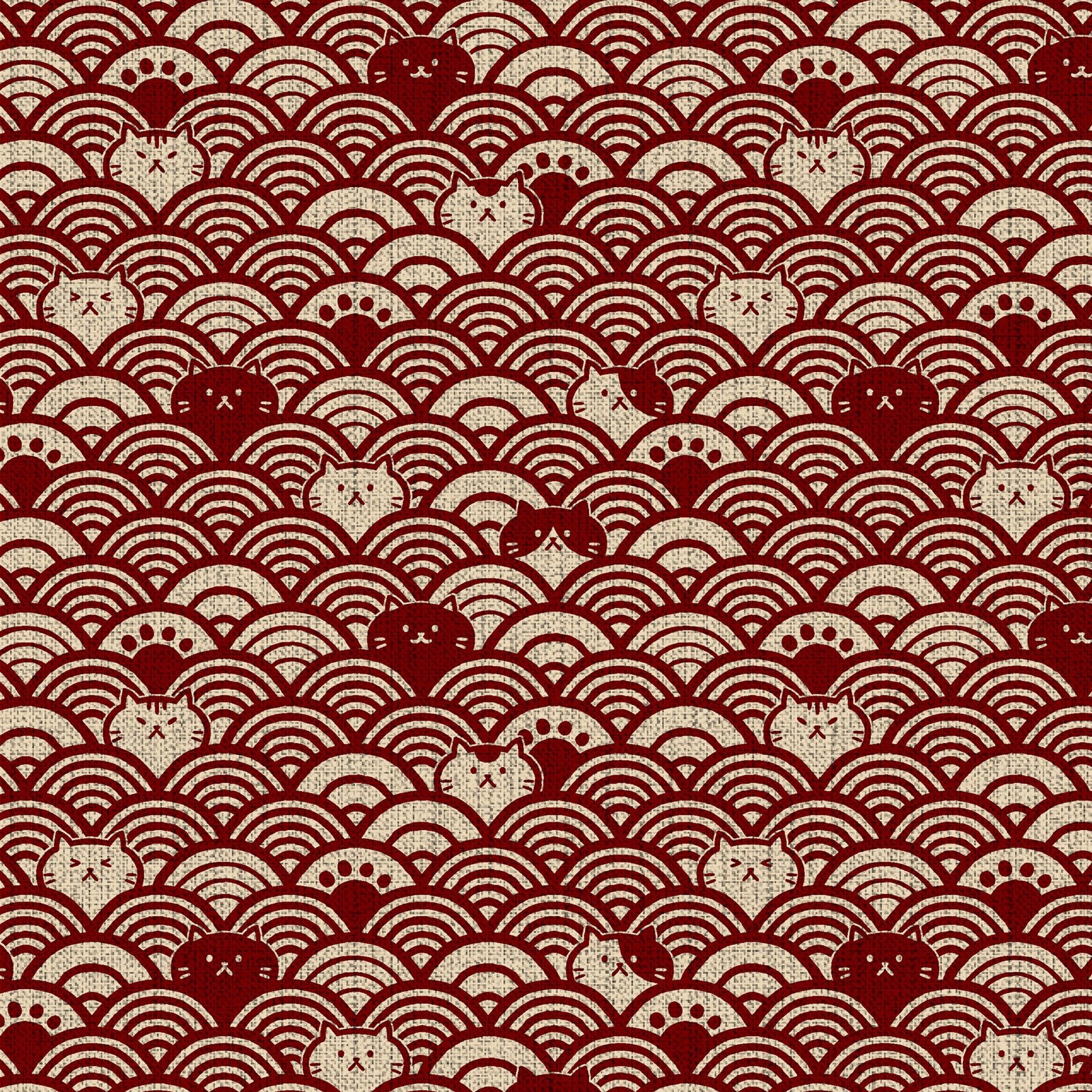 Fuku Fuku Sashiko Cat Dobby Cotton Fabric - Red