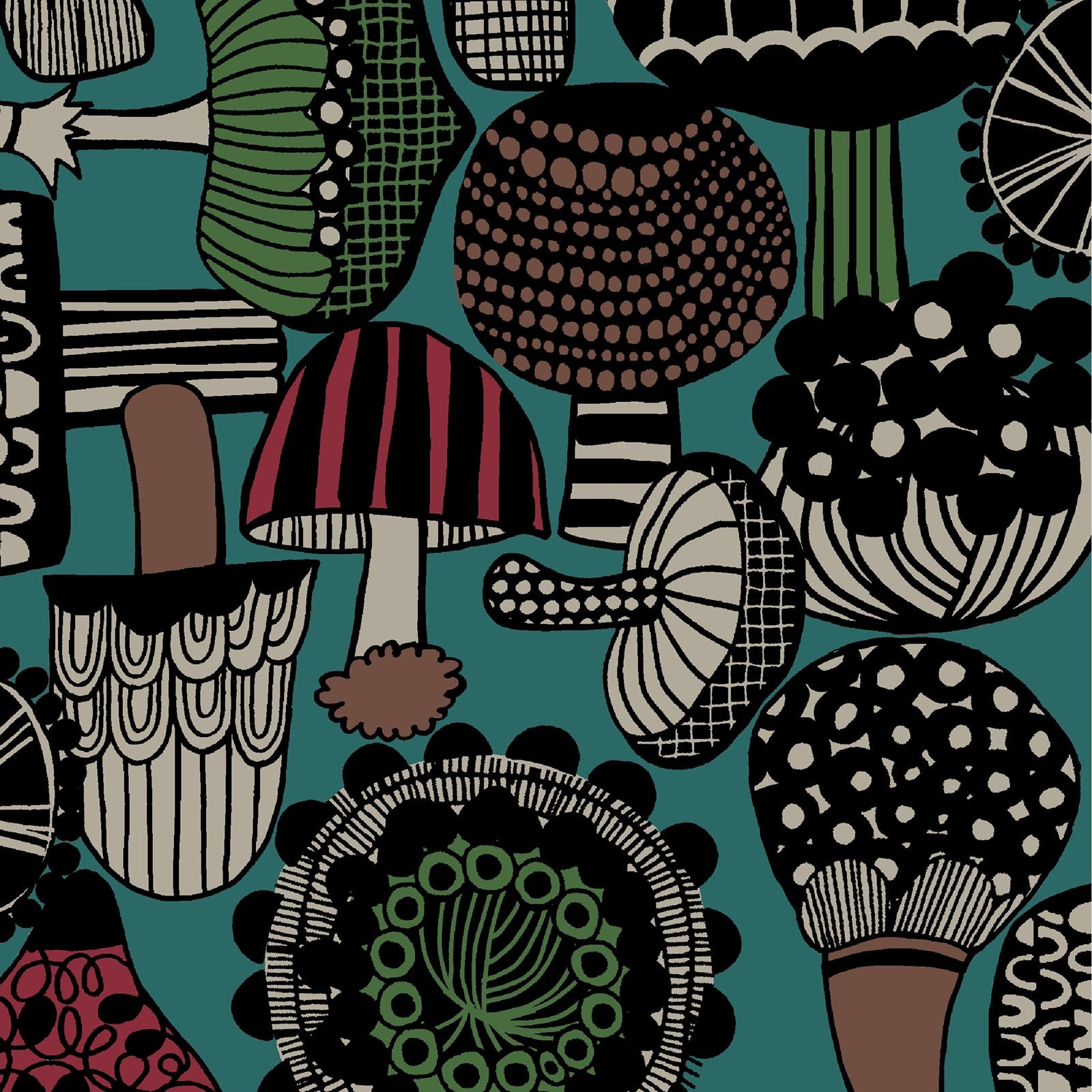 Nordin Style Mushrooms Cotton Linen Canvas Fabric - Teal