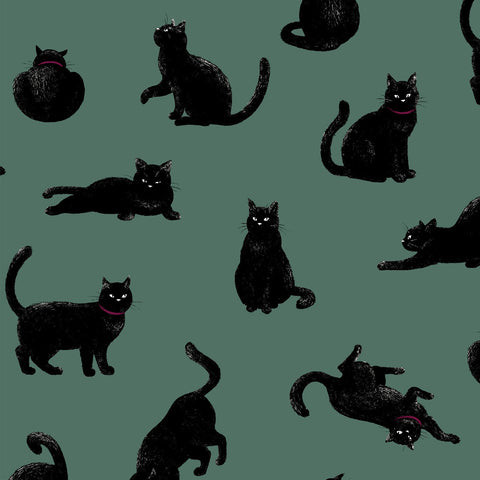 Black Cats Cotton Oxford Fabric - Teal