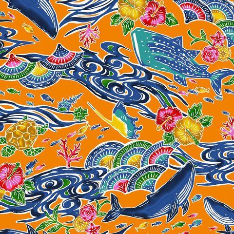 Bingata Style Whales Broadcloth Fabric