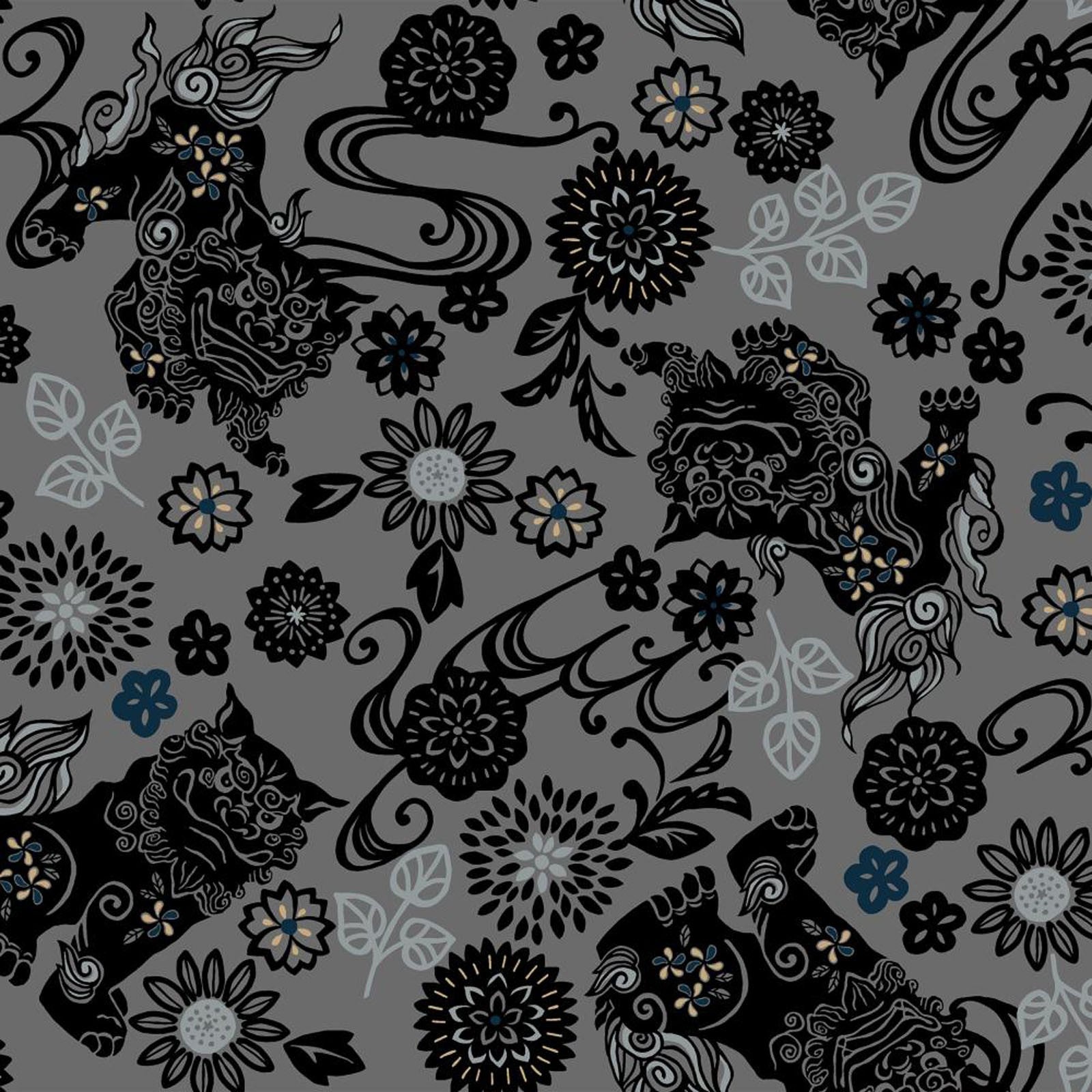 Bingata Style Lions Broadcloth Fabric