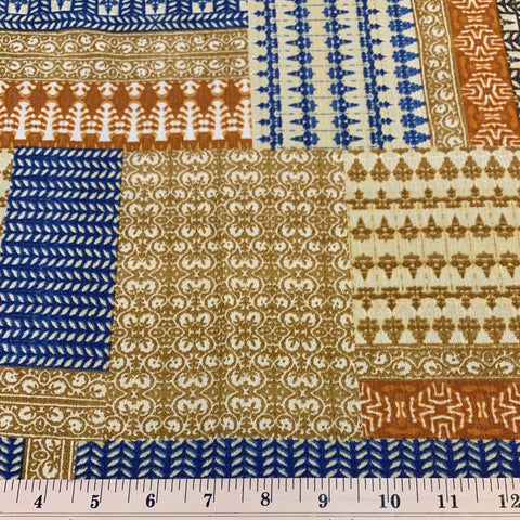 Patchwork Look Rayon Crepon Fabric - Ochre and Blue