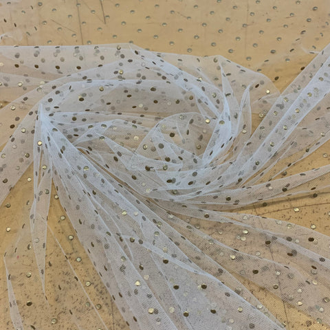 Nylon Net Dot Tulle Fabric - Gold on White