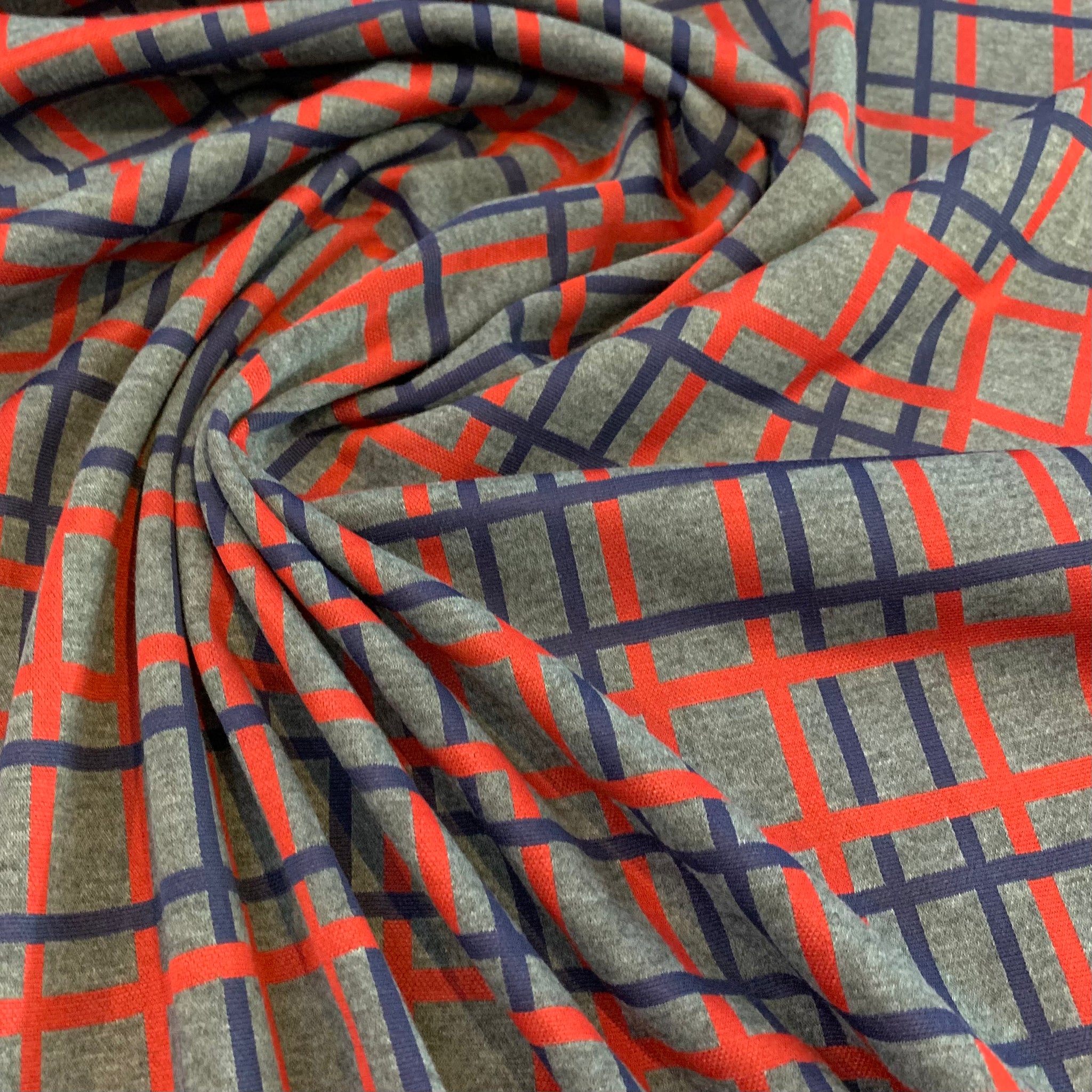 Plaid Midweight Stretch Fabric - Charcoal Red Blue