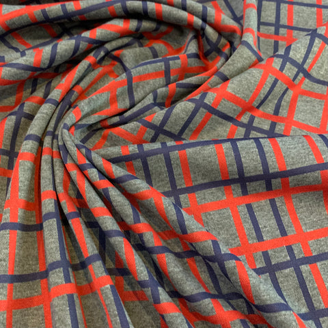 Plaid Midweight Stretch Fabric - Charcoal Red Blue
