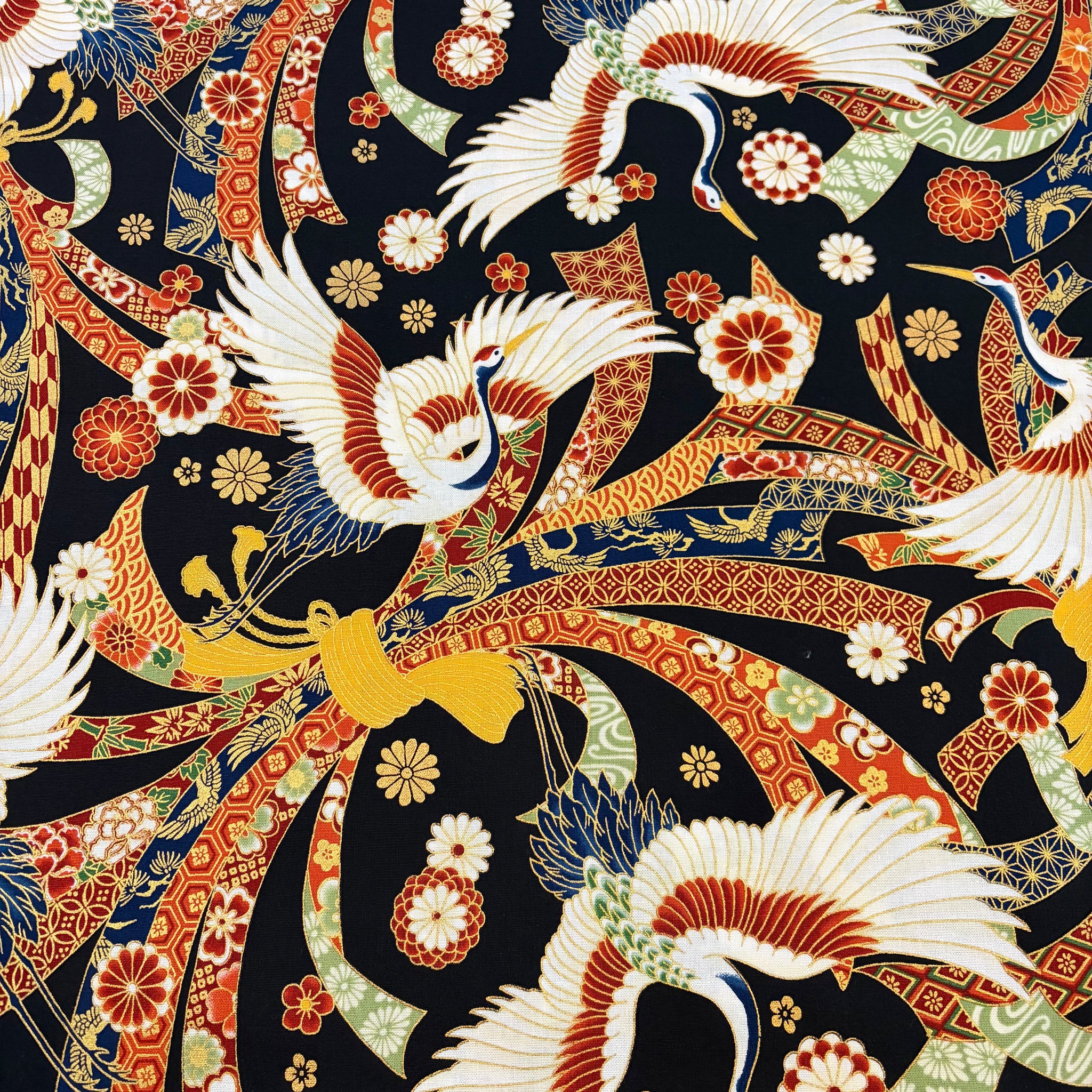 Hyakka Ryoran Cranes Kakuju Cotton Sheeting Fabric - Black