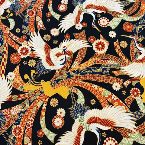 Hyakka Ryoran Cranes Kakuju Cotton Sheeting Fabric - Black