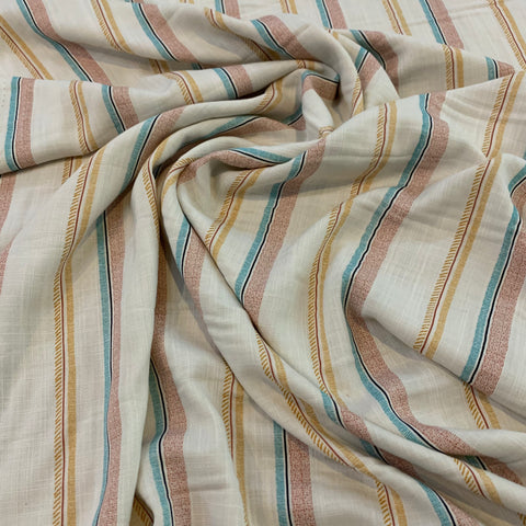 Stripe Linen/Rayon Blend Fabric - Natural Mustard Rose Teal