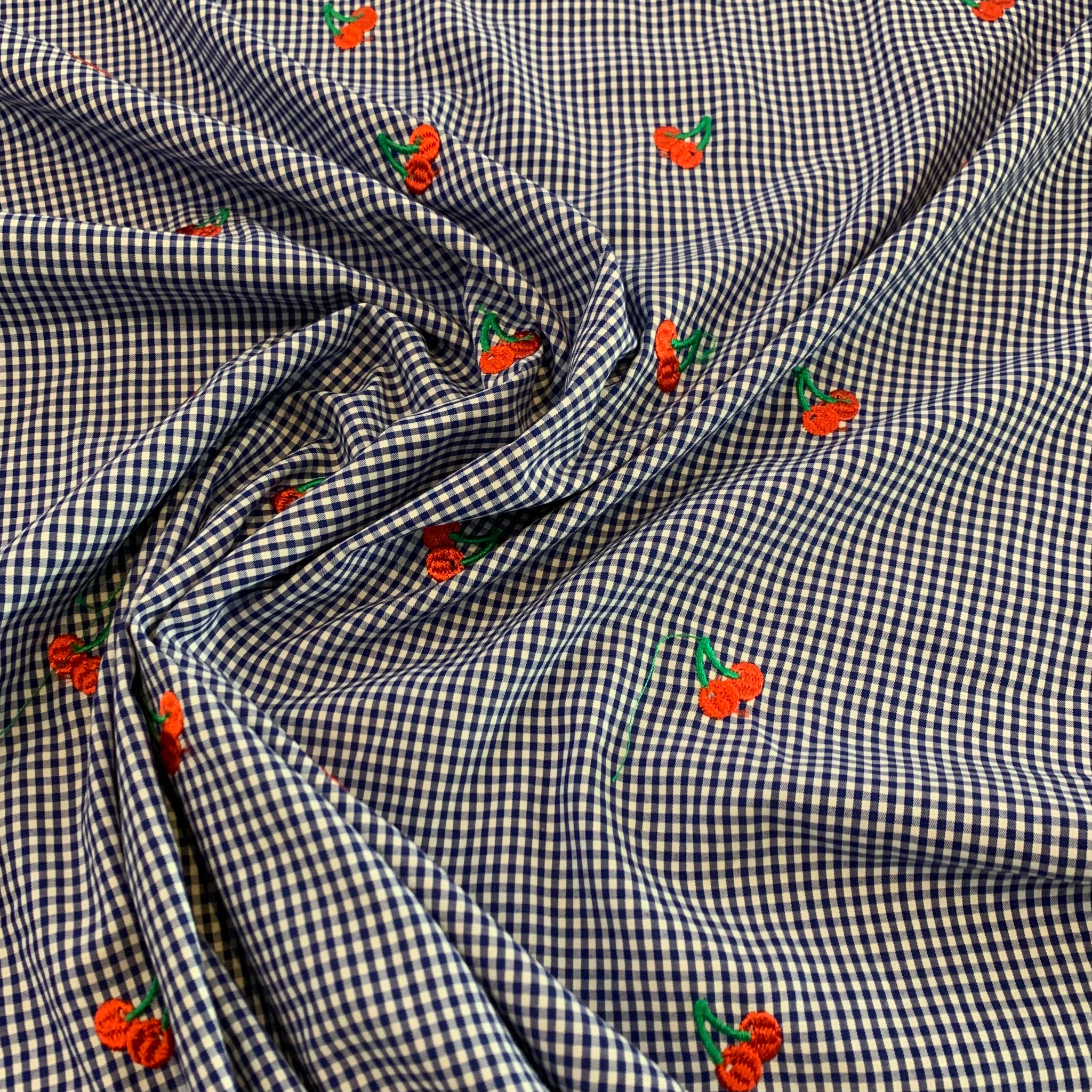 Cherry Embroidered Polyester Gingham Poplin Fabric - Blue White