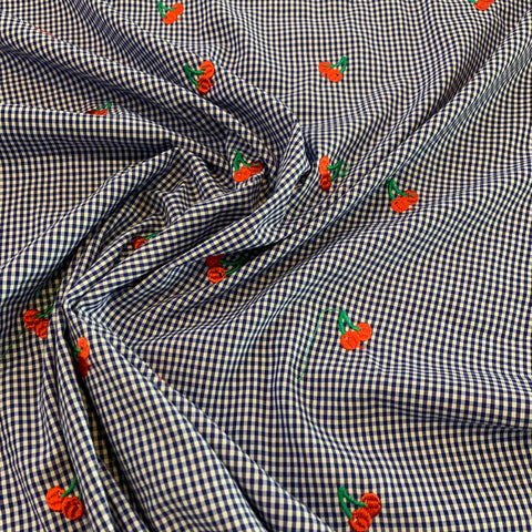 Cherry Embroidered Polyester Gingham Poplin Fabric - Blue White