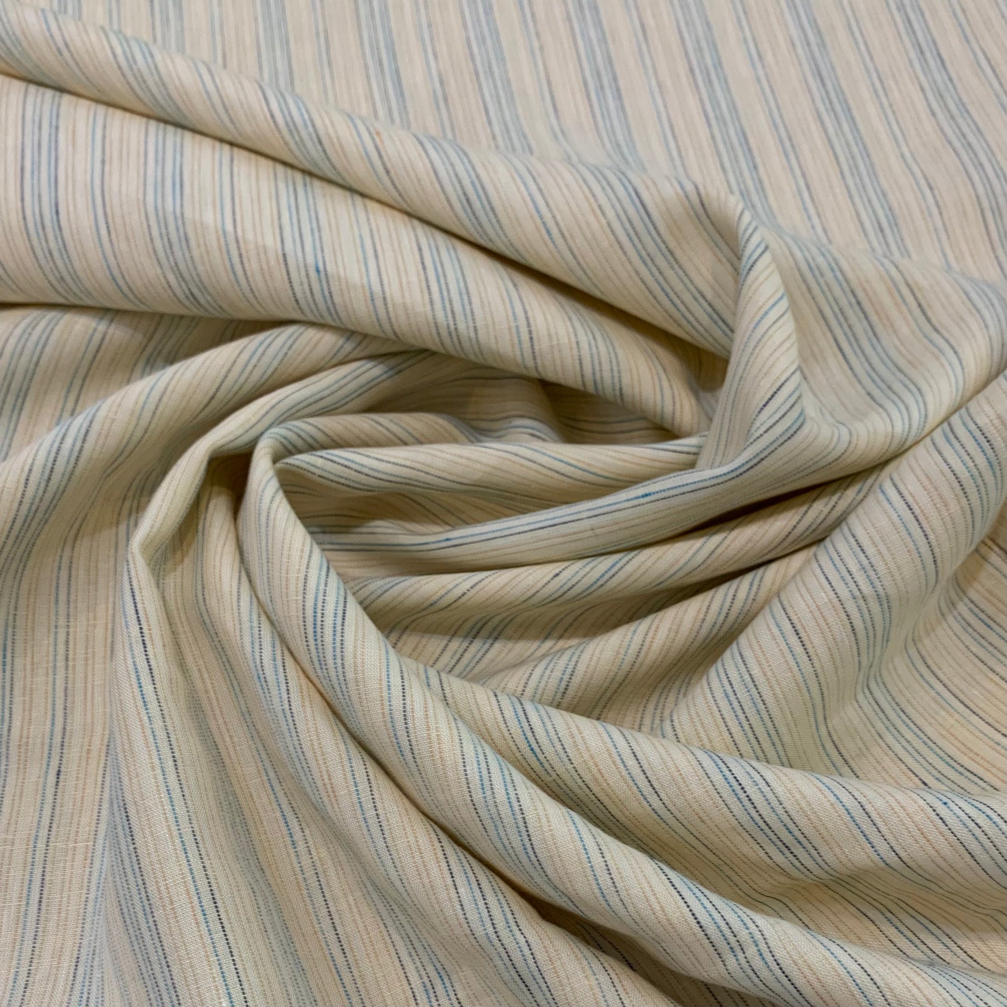 Aqua Navy Orange Striped Linen Fabric - Pale Yellow