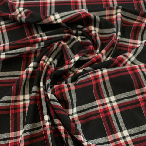 Plaid Cotton Flannel Fabric - Red Black White