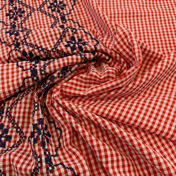 Polyester Gingham Seersucker Fabric with Embroidered Border - Red