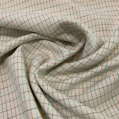 Turquoise and Gray Plaid Mid-Weight Linen Fabric - White