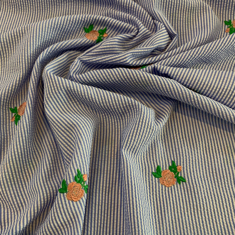 Rose Embroidered Polyester Seersucker Fabric - Light Blue Stripe
