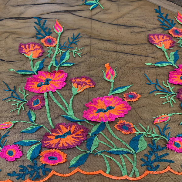 Neon Border Edge Embroidered Nylon Mesh Fabric