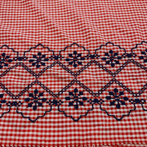 Polyester Gingham Seersucker Fabric with Embroidered Border - Red