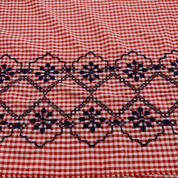 Polyester Gingham Seersucker Fabric with Embroidered Border - Red