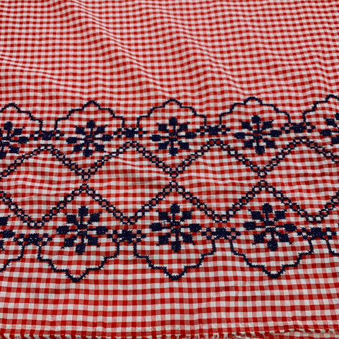 Polyester Gingham Seersucker Fabric with Embroidered Border - Red