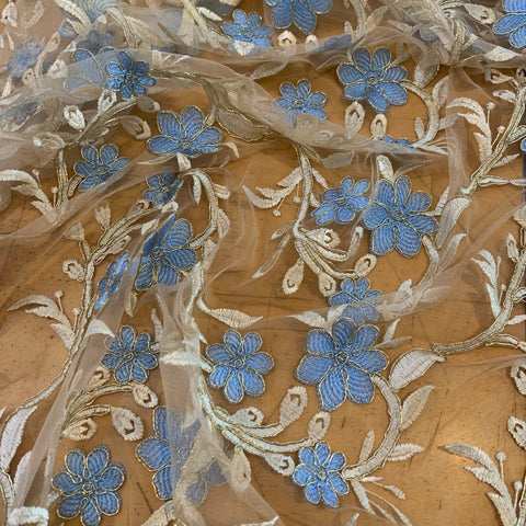 Blue Flower Embroidered Net with Gold Lurex Fabric