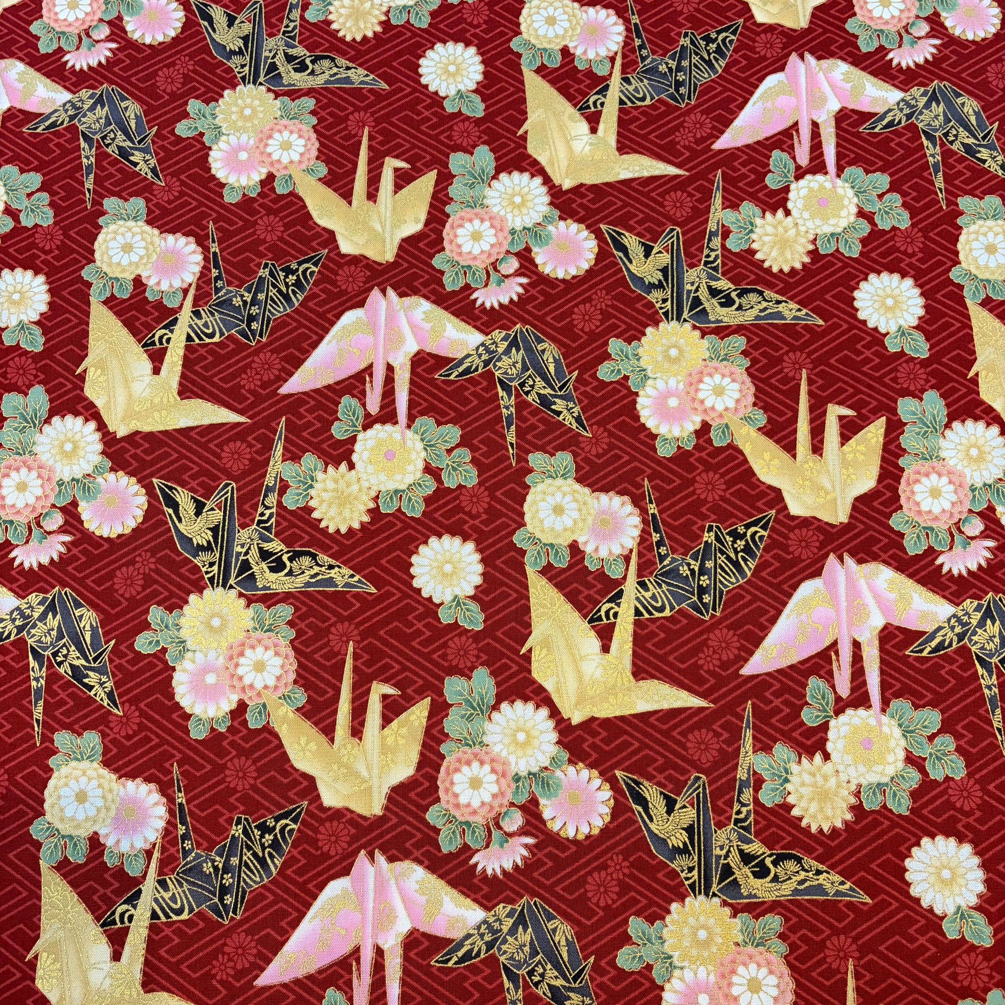 Hyakka Ryoran Paper Cranes Kakuju Cotton Sheeting Fabric - Red