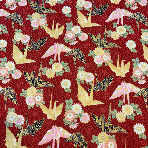 Hyakka Ryoran Paper Cranes Kakuju Cotton Sheeting Fabric - Red