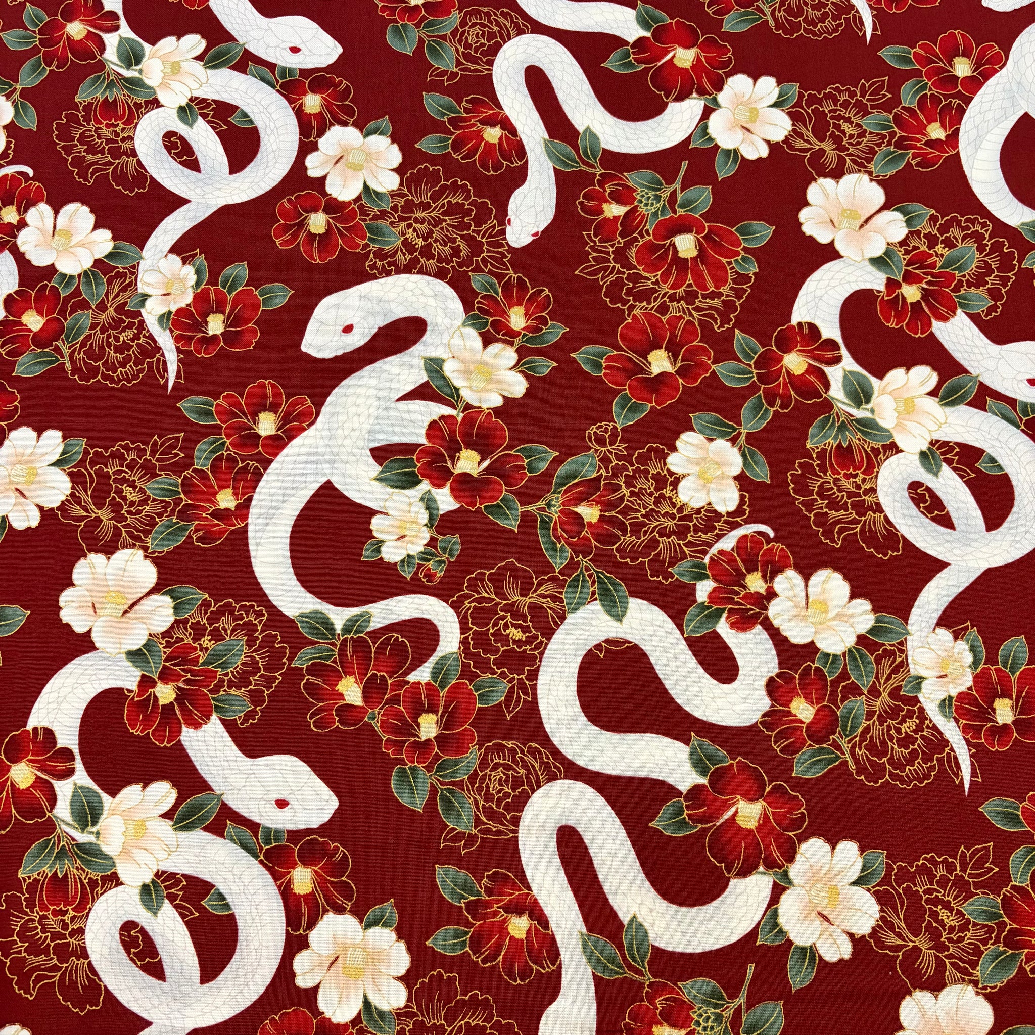 Hyakka Ryoran Year of the Snake Cotton Sheeting Fabric - Red