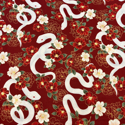 Hyakka Ryoran Year of the Snake Cotton Sheeting Fabric - Red