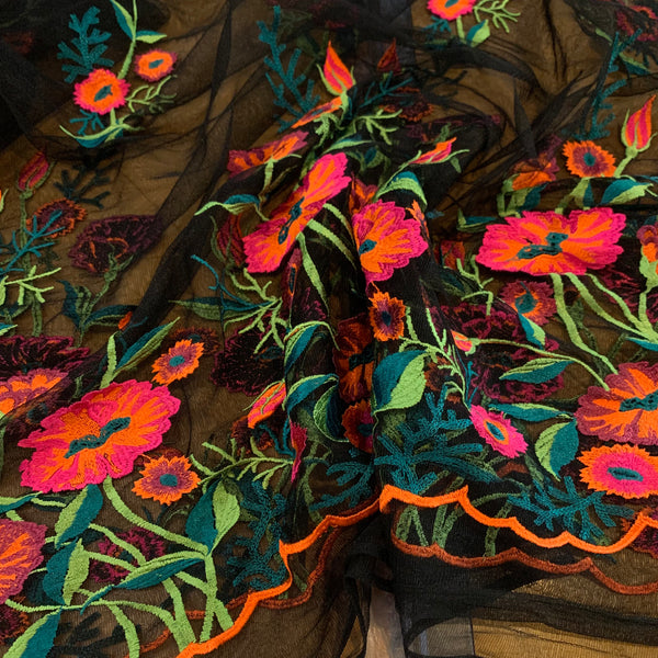 Neon Border Edge Embroidered Nylon Mesh Fabric