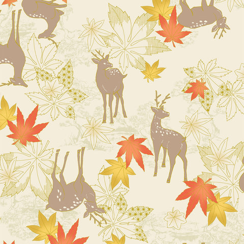 Deer and Metallic Leaves Cotton Sheeting Fabric