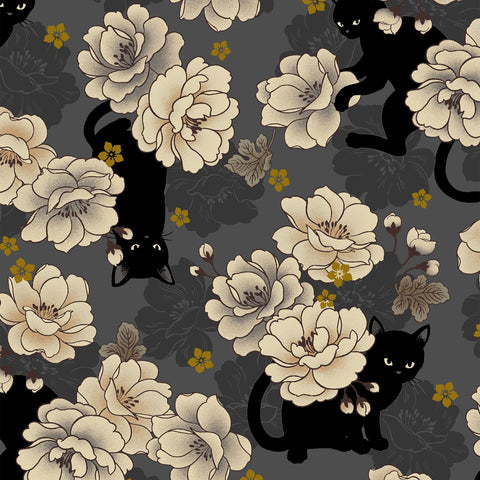 Neko Mini Metallic Cotton Sheeting Fabric - Magnolia and Black Cat